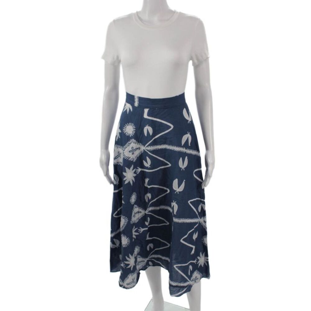 Soler Womens A-Line Midi Skirt Dark Blue Graphic Cotton Size XS